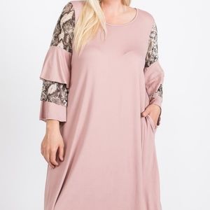 (PLUS)Dusty pink Snake print ruffle Aline dress